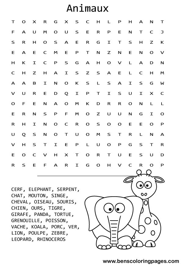 Free animals word search in french