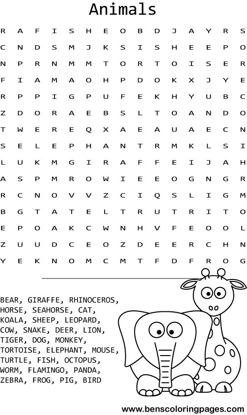 animal wordsearch coloring pictures