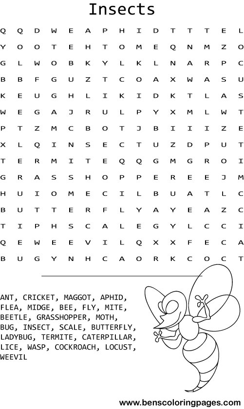 Insects wordsearch coloring pictures
