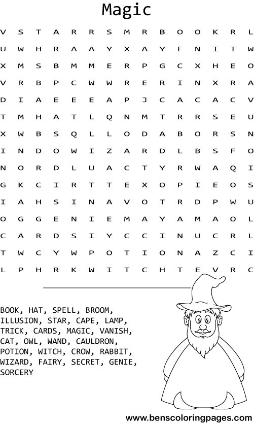 Wizards and magic wordsearch coloring pictures