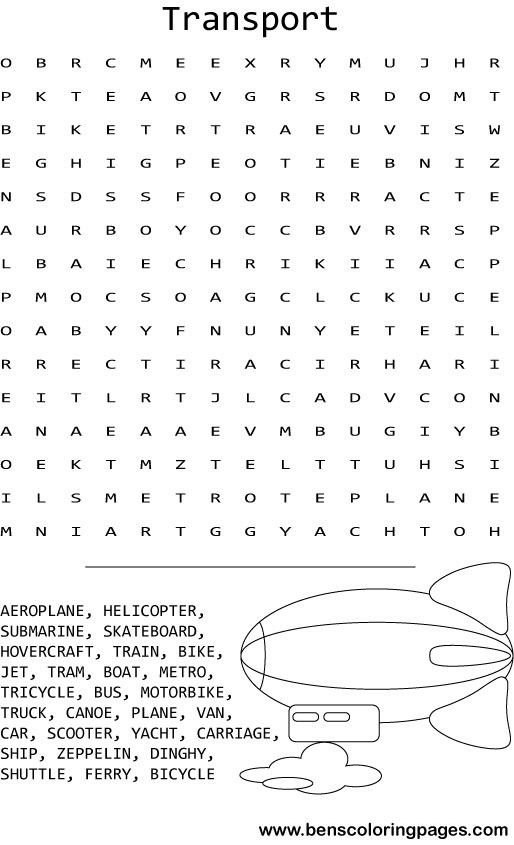 Transport wordsearch coloring pictures